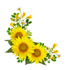 Wall Mural - sunflowers, daisies and acacia flowers and green leaves in a corner arramgement