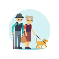 Poster - Old couple walking with cute dog. Eldery family cartoon character