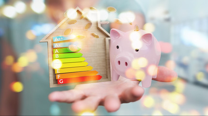 Wall Mural - businesswoman saving money with good energy chart rating 3d rendering