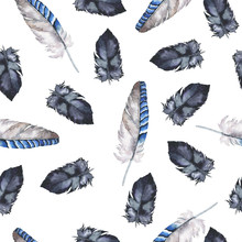 Seamless Pattern With Indigo, Grey And Blue Feathers On White Background. Hand Drawn Watercolor Illustration.