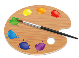 Artists palette. Painting wood board with different colors and a paintbrush. Isolated vector illustration on white background.