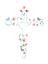 Elegant Vector Christian Cross Isolated With Dove Pink Flowers And Butterflies