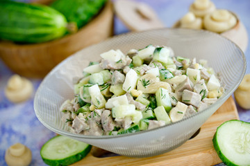 Wall Mural - Mixed salad with boiled meat, fresh cucumber, marinated mushrooms, eggs and mayonnaise dressing in glass bowl