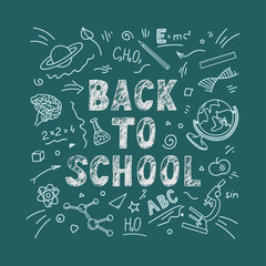 Wall Mural - Back to school. Lettering with education doodles on teal background. Vector illustration.