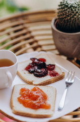 two sweet toast with fruit jam. closeup