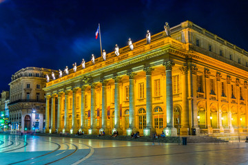 Night view of the national opera in Bordeaux, France