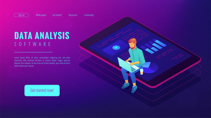 Isometric big data analysis concept. A business analyst with laptop and visual data analysis statistics pie charts and graphics on the tablets screen in violet color. Vector ultraviolet background.