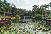 Landscape Of Old Oriental Building On Lake