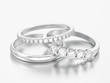 3D illustration three different white gold or silver diamonds rings