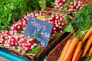 Wall Mural - Fresh organic vegetables and fruits on farmer market in Paris, France