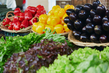 Wall Mural - Fresh organic vegetables and fruits on farmer market in Paris, France