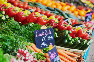 Wall Mural - Fresh organic vegetables and fruits on farmer market in Paris, France