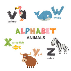 Wall Mural - alphabet with animals V to Z  - vector illustration, eps