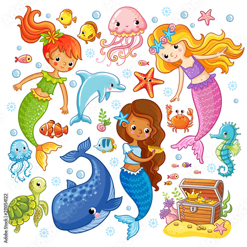 Mermaids among the fishes hold hands. Vector illustration on a sea theme in c...