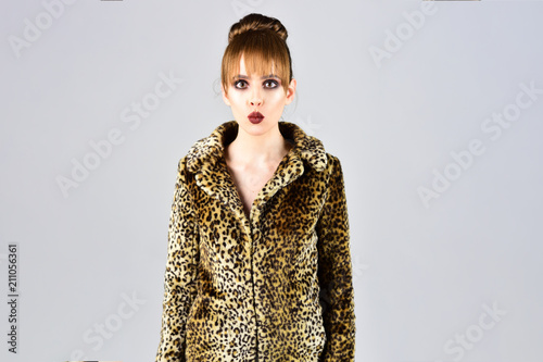 Look Of Fashion Model With Bad Taste Leopard Fur At Stylish Girl