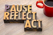 canvas print picture - pause, reflect, act concept - word abstract in wood type