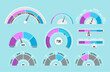 Vector illustration set of speedometers and pointers. Indicators collection on blue background in flat cartoon style.