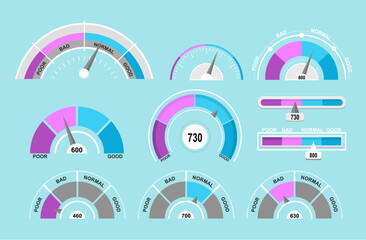 Wall Mural - Vector illustration set of speedometers and pointers. Indicators collection on blue background in flat cartoon style.