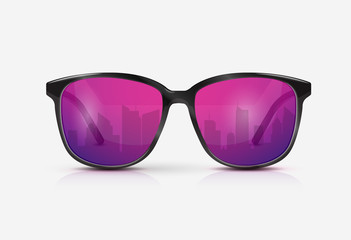 Wall Mural - Reflection of the city in the glasses. Vector realistic modern eyeglasses with ultraviolet gradient lens. Summer vacation holiday beach pool party. 