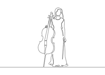 A continuous single drawn single line of a musician is played by a cellist woman.