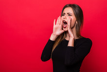 Portrait Woman Shouting Over Red Background