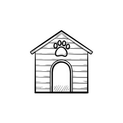 Sticker - Doghouse hand drawn outline doodle icon. Doghouse with footprint as country life and property protection concept. Vector sketch illustration for print, web, mobile and infographics on white background