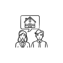 Wall Mural - Real estate agent people communication hand drawn outline doodle icon. Manager talks to client as real estate consultation concept. Vector sketch illustration on white background.