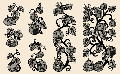 Wall Mural - Halloween pumpkins vector lace by hand drawing.Beautiful lace on brown background.Pumpkins lace art highly detailed in line art style.Vine tattoo on vintage paper.