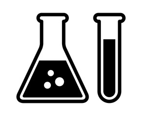 chemistry beakers with erlenmeyer flask and test tube holding chemicals flat vector icon for science