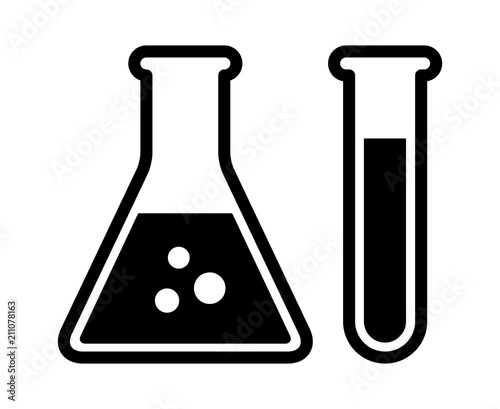 Fotomural Chemistry beakers with Erlenmeyer flask and test tube holding chemicals flat vec