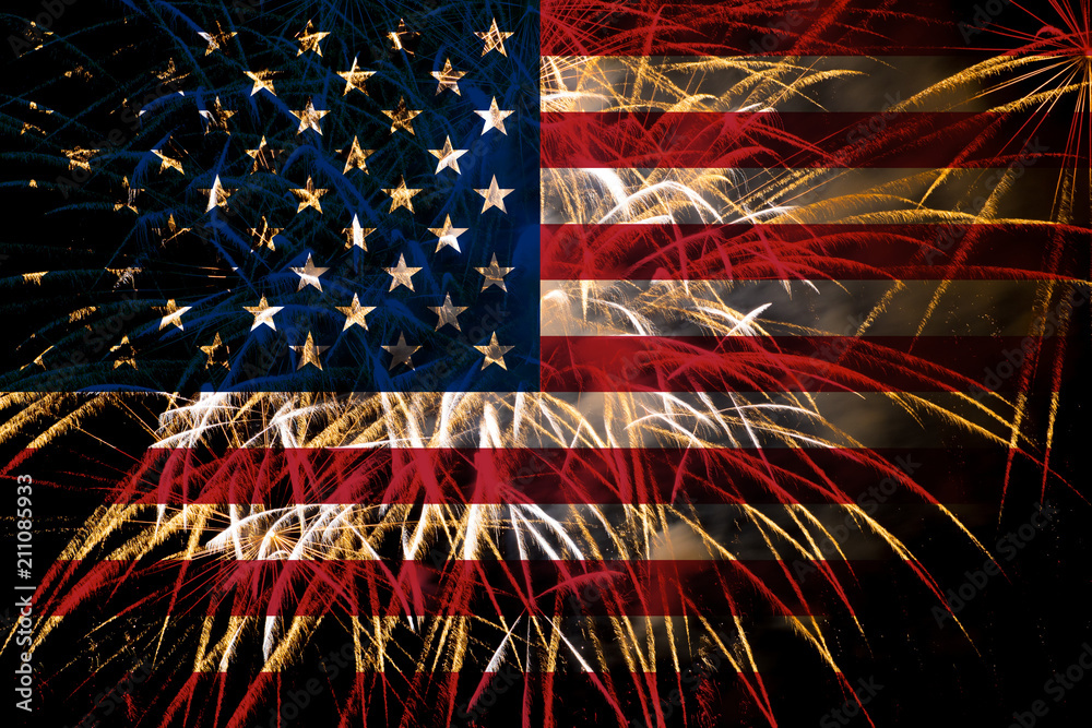 united states flag fireworks on night sky - obrazy, fototapety, plakaty 
