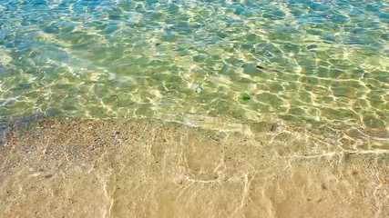 Wall Mural - Soft waves with foam of blue ocean on the sandy beach for summer