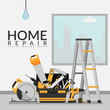 © asiandelight - vector illustration of toolbox with repair tools in the room with white wall and city view through thru the window. home repair concept with copy space for you text or company name, flat design