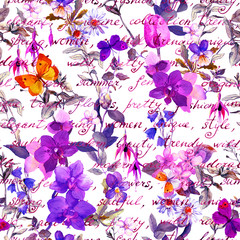Wall Mural - meadow flowers, butterflies with vintage hand written text notes. seamless floral background. waterc