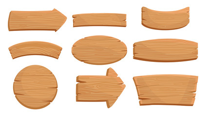 flat vector set of various wooden signboards and direction arrows. natural texture. signs with place