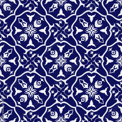 Delft Dutch Tile Pattern Vector Seamless With White And Blue