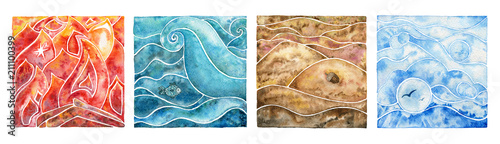 Four natural elements: fire, water, air and earth. Watercolor illustration set.