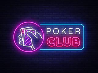 Wall Mural - Poker neon sign design vector template. Casino Poker Night Logo, Bright Neon Signboard, Design Element for Casino, Gambling Neon, Bright Night Advertising. Vector Illustration