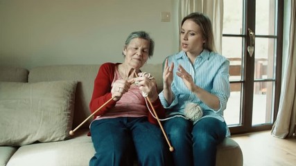 Wall Mural - Elderly grandmother and adult granddaughter at home, knitting.