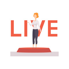 Poster - Female broadcaster news reporting live vector Illustration on a white background