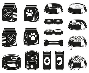 16 black and white pet food silhouette elements