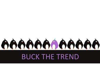 Buck the trend. A group of black penguins with one in a different color. Flat vector.