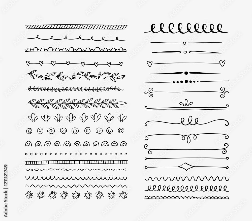 Set of hand drawn lines, dividers and swirls. Vector doodle design ...