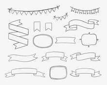 Set Of Hand Drawn Design Elements. Vintage Vector Doodle Banners, Ribbons, Frames, Bunting Banners In Cartoon Style. Wedding Invitations, Greeting Cards, Posters And Other.