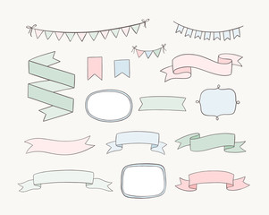 Wall Mural - Set of hand drawn design elements. Vector doodle banners, ribbons, frames, bunting banners in cartoon style. Wedding invitations, greeting cards, posters and other.