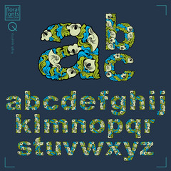 Poster - Ecology style flowery font, vector typeset made using natural ornament. Alphabet capital letters created with spring leaves and floral design.