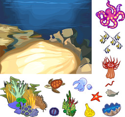 Wall Mural - Educational game: assembling Ecosystem of coral reef from ready-made components in form of stickers