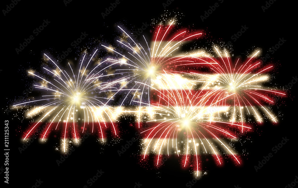 4th of july fireworks with american flag overlay on black background, horizontal version - obrazy, fototapety, plakaty 