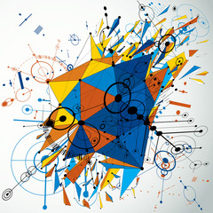 Fototapete - Geometric Bauhaus 3d vector background with low poly abstract demolished object created from circles and connected lines. Best for use as advertising poster or banner design.