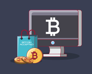 Poster - bitcoin accepted design with computer with bitcoin symbol and shopping bag over black background, colorful design. vector illustration